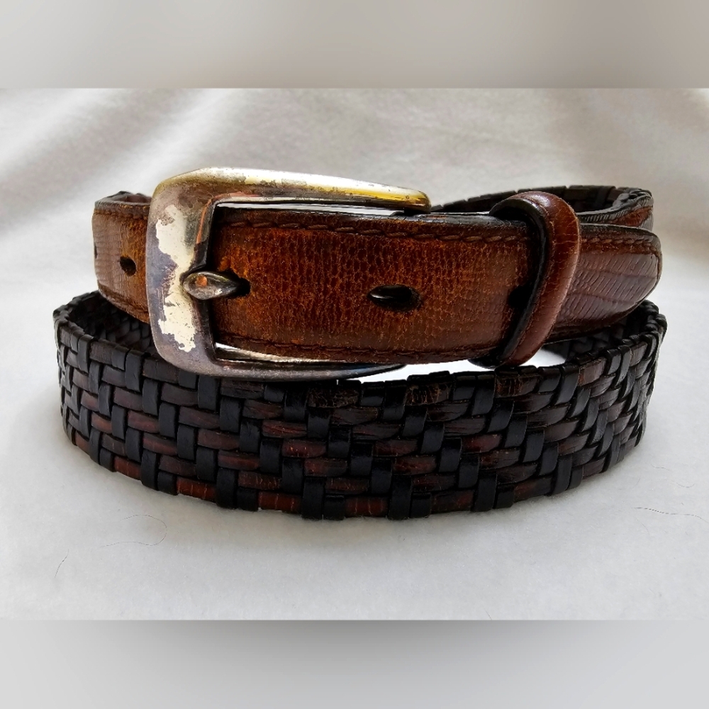 Brighton Brown Black Leather Belt Silver Buckle Braided Woven Classic Hippie VTG